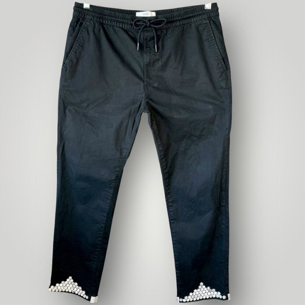 Marks & Spencer Straight Fit High Rise Pants Rhinestone Beaded Hem Size M Black